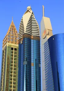 Glass Prints: Unique skyscrapers showcasing modern architecture in central Dubai during clear weather