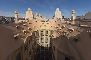 Apartment Building Prints: Upper floor and roof chimneys of the apartment building designed by Antonio Gaudi