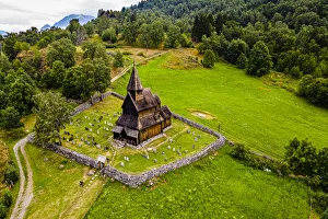 Tombstone Prints: Urnes Stave Church, UNESCO World Heritage Site, Lustrafjorden, Norway, Scandinavia