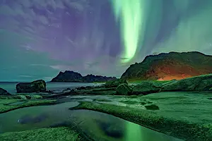 Lofoten Islands Prints: Uttakleiv beach under the multicolored sky during the Aurora Borealis (Northern Lights)