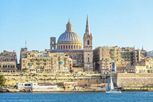 19th Century Gallery: Valletta skyline with the dome of the Carmelite Church and St