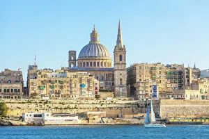 19th Century Gallery: Valletta skyline with the dome of the Carmelite Church and St