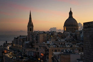 Spires Prints: Valletta skyline at sunrise, Valletta, Malta