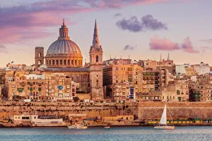 19th Century Gallery: Valletta skyline at sunset with the Carmelite Church dome and St