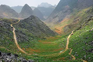 Southeast Prints: Valley landscape with winding path in a mountainous region of Dong Van plateau in Northern Vietnam