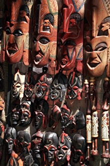 Various African masks on sale at Aswan Souq, Aswan, Egypt, North Africa, Africa