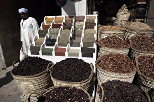 Various spices, dates and teas on sale at Aswan Souq, Aswan, Egypt, North Africa, Africa