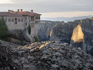 Varlaam Monastery and sunrise light on Meteoras rocks, Meteora