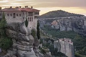 Meteora Prints: Varlaam and Roussanou (St. Barbara) Monasteries at sunrise, Meteora
