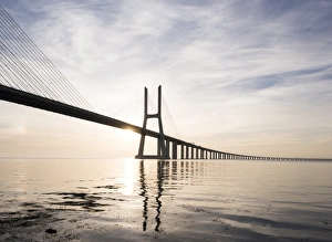 Vasco da Gama Bridge over Rio Tejo (Tagus River) at dawn, Lisbon, Portugal, Europe