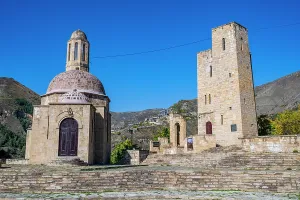 Walkway Prints: Vatan memorial complex features stone structures and towers in Dagestan