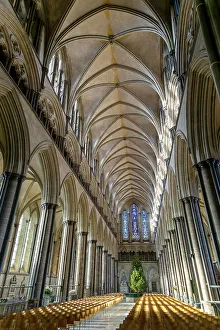 Nave Prints: Vaulted nave ceiling roof inside Cathedral