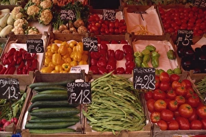 Salad Prints: Vegetables including beans, cucumbers and peppers, in wooden boxes in the market in Vienna