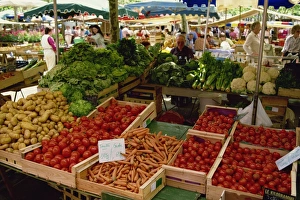 Salad Prints: Vegetables including carrots, tomatoes and lettuce, for sale on market day at Euze