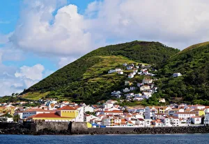 Azores Prints: Velas seen from the ocean, Sao Jorge Island, Azores, Portugal, Atlantic, Europe
