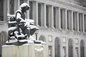Velasquez statue covered in snow, Prado Museum, Madrid, Spain, Europe