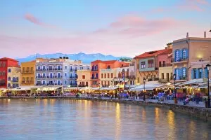 Greek Islands Gallery: The Venetian Harbour at dusk, Chania, Crete, Greek Islands, Greece, Europe