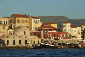 Venetian Prints: Venetian port and Turkish mosque, Chania, Crete, Greek Islands, Greece, Europe