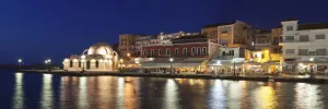 Chania Prints: Venetian port and Turkish Mosque Hassan Pascha at the old town of Chania at night