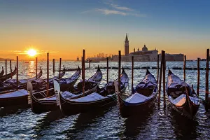 In A Line Prints: Venetian winter sunrise after snow with gondolas, San Giorgio Maggiore and Lido, Venice