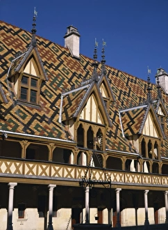 Verandah Prints: Verandahs and roof of the Hospices de Beaune on the Cote d Or, Bourgogne