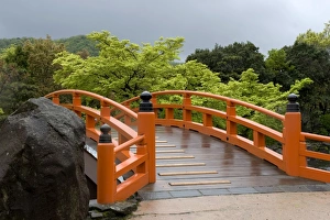 Images Dated 26th April 2009: Vermilion-colored arched bridge at Murasaki Shikibu Park in Takefu City, Fukui, Japan