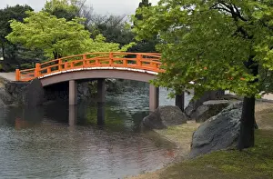 Arched Bridge Prints: Vermilion-colored arched bridge at Murasaki Shikibu Park in Takefu City, Fukui, Japan