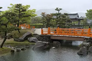 Foot Bridges Prints: Vermilion-colored bridge at Murasaki Shikibu Park in Takefu City, Fukui, Japan, Asia