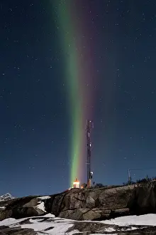 Tungeneset Prints: Vertical multi coloured stripes of the Aurora Borealis (Northern Lights) over Tungeneset Lighthouse