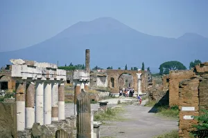 Volcano Prints: Vesuvius volcano from ruins of Forum buildings in Roman town