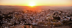 Granada Prints: Vibrant red and orange sunset over the Albaicin, UNESCO, Granada, Andalucia, Spain