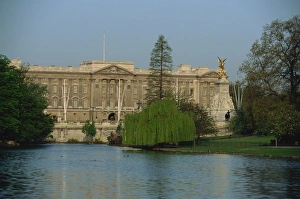 Buckingham Palace Prints: The Victoria Monument and Buckingham Palace, seen from across pond in St
