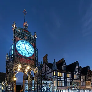 Chester Prints: The Victorian Eastgate Clock on the city walls at night
