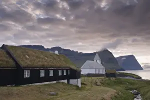 Vidareidi church dating from 1892, and turf-roofed vicarage, Vidoy Island