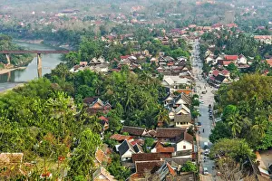 Southeast Prints: Vieiw over Luang Prabang to the Southeast from Phu Si hill with the Nam Khan River and the Old Bridge in the background