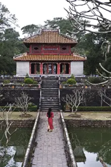 Pavilion Prints: Vietnamese schoolgirl walking over bridge to Minh Lau Pavilion (Bright Pavilion)
