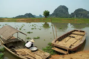 Wooden Boat Prints: Vietnamese woman on boat, Tam Coc, Kenh Ga, Ninh Binh area, Vietnam, Indochina