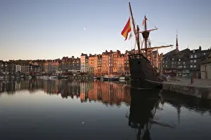Typically French Prints: Vieux Bassin looking to Saint Catherine Quay with replica galleon at dawn, Honfleur