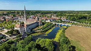 Settlement Prints: View of Abbey Church of Saint-Savin-sur-Gartempe from above with surrounding landscape and river in France