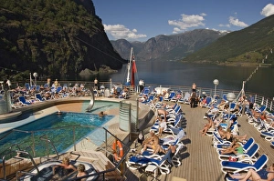 Swimming Pools Prints: View over the aft pool and sundeck, Flaams, Fjordland, Norway, Scandinavia, Europe