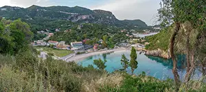 Azure Waters Prints: View of Agios Spiridon Beach from Monastery of Paleokastritsa at sunset