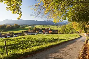 Country Lane Prints: View from Aidlinger Hoehe over Aidling am Riegsee to Wettersteingebirge mountains
