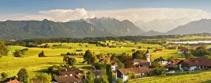 View from Aidlinger Hoehe over Aidling to Wettersteingebirge and Zugspitze mountain