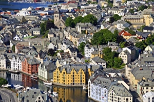 Alesund Prints: View from Aksla hill over the Art Nouveau buildings of Alesund