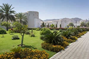 Typically Middle Eastern Prints: View of Al Alam Palace complex, Muscat, Oman, Middle East