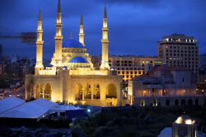 Flood Lit Prints: View over the Al Madijieh mosque from the terrace of the Hotel Gray, Beirut