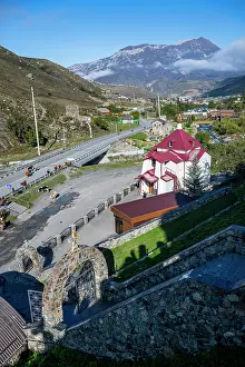 Hillside Prints: View of alanskiy svyato-uspenskiy muzhskoy monastry and surrounding landscape in north ossetia