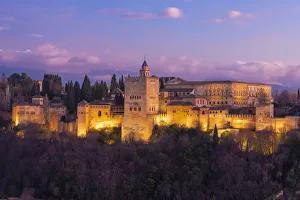 Granada Prints: View of the Alhambra, UNESCO World Heritage Site, with the Sierra Nevada mountains