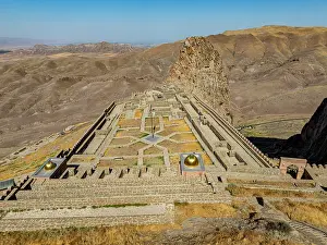 National Prints: View of Alinja castle on a mountain top in Azerbaijan displaying ancient architecture and landscape in bright sunlight