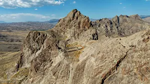 Climbing Prints: View of Alinja castle from above showing the mountain landscape and rugged terrain in Azerbaijan